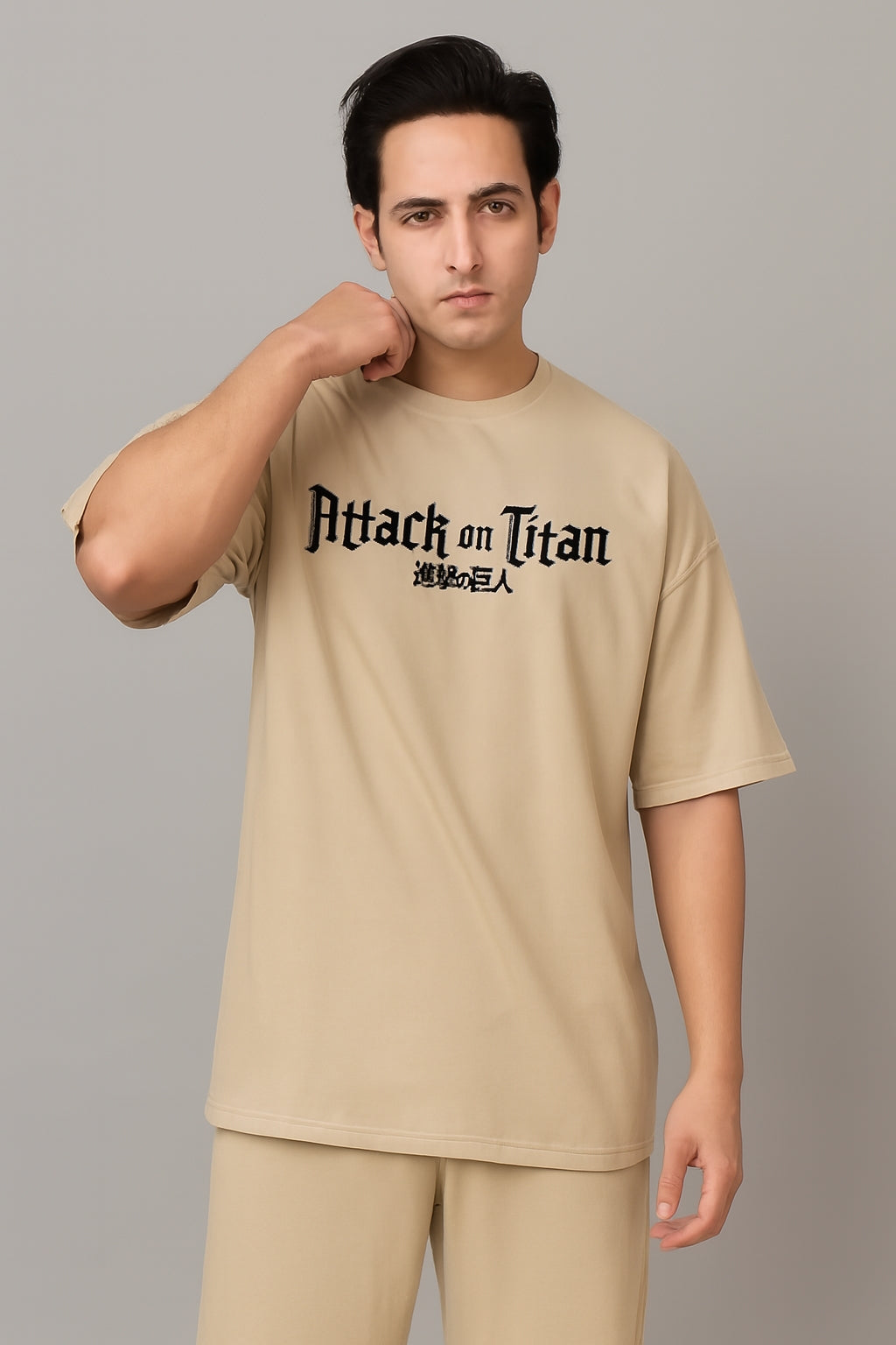 Beige Anime Oversized Tee - Cotton Blend