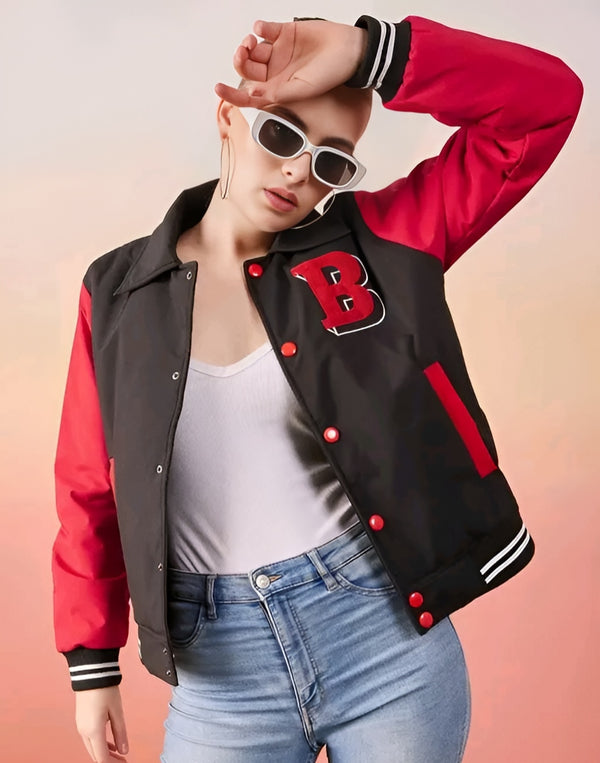 Black & Red Varsity Jacket Women | Retro Letterman Bomber | Long Sleeve