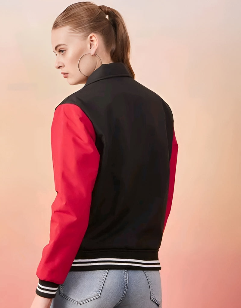 Black & Red Varsity Jacket Women | Retro Letterman Bomber | Long Sleeve
