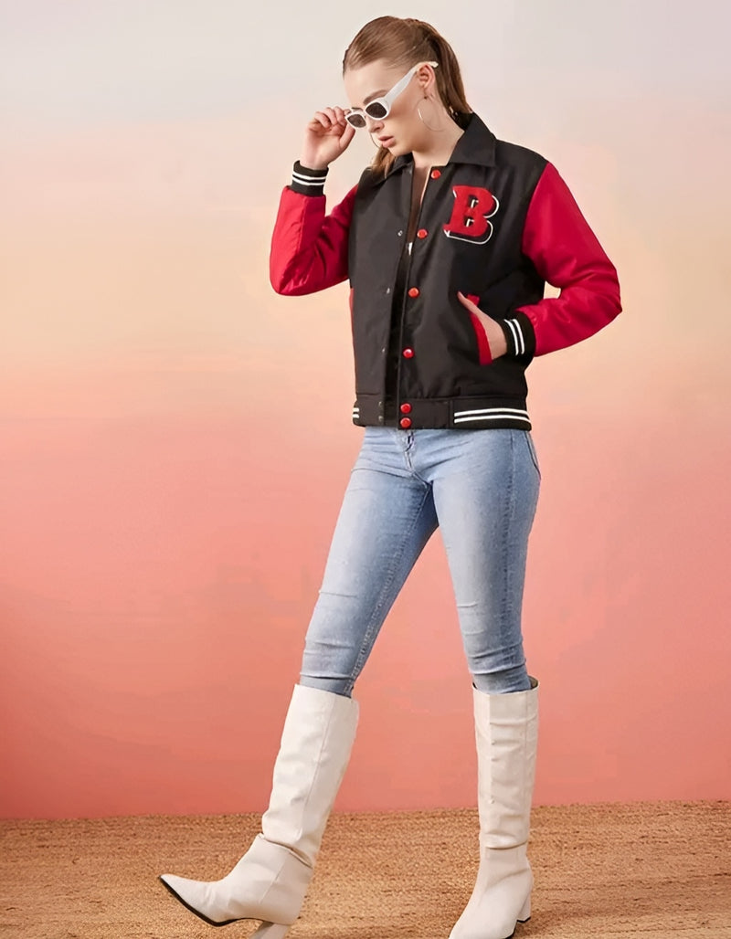 Black & Red Varsity Jacket Women | Retro Letterman Bomber | Long Sleeve