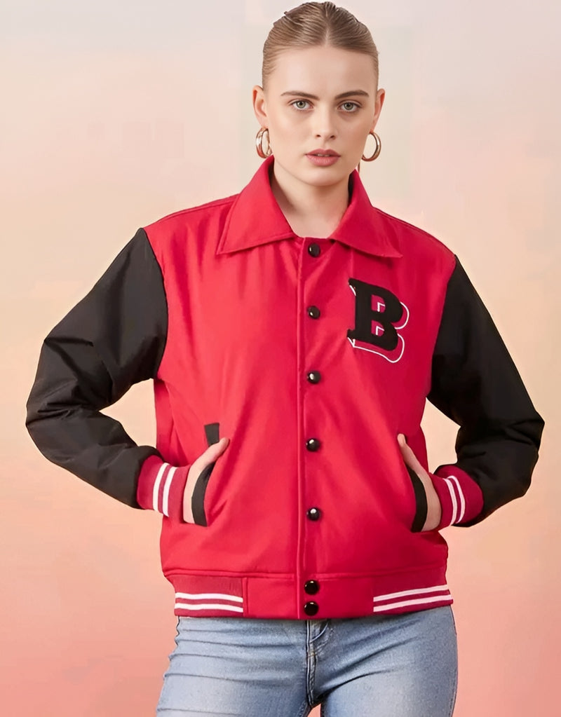 Red & Black Varsity Jacket Women | Letterman Bomber | Long Sleeve