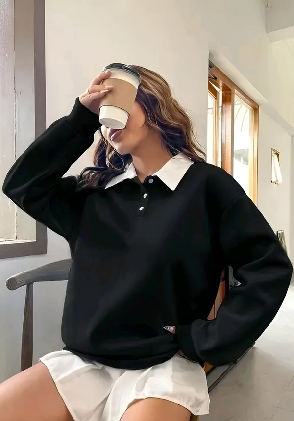 Wool Blend Polo Neck Sweatshirt Women | Solid Fleece Pullover | Cozy