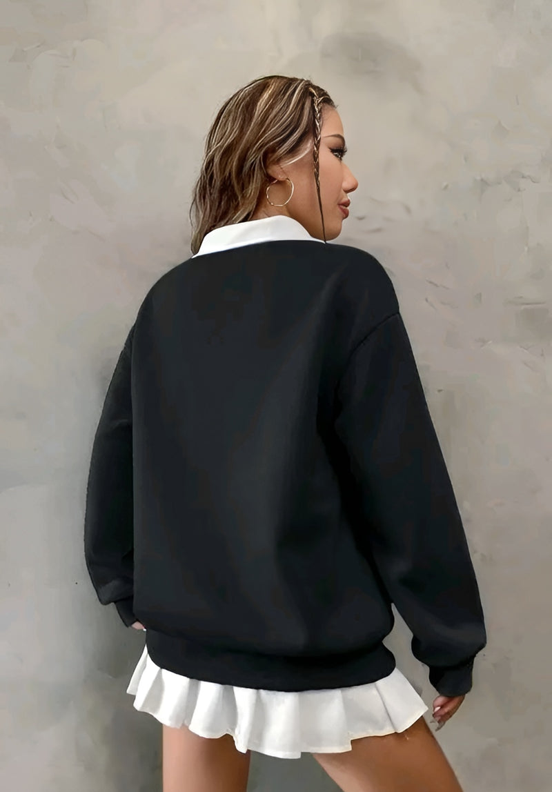 Wool Blend Polo Neck Sweatshirt Women | Solid Fleece Pullover | Cozy