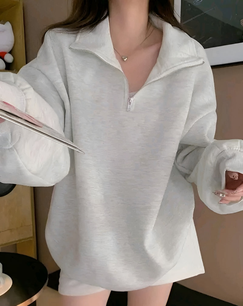 Grey Half-Zip Fleece Sweatshirt Unisex | High Neck Pullover | Oversized