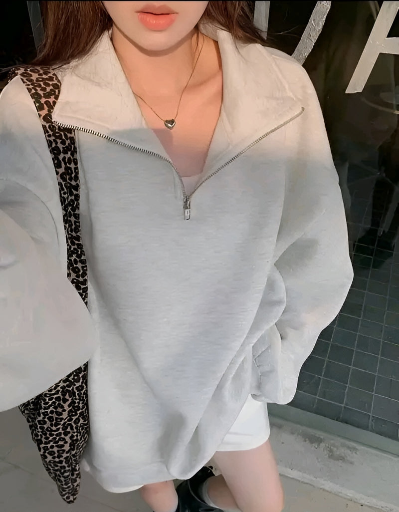 Grey Half-Zip Fleece Sweatshirt Unisex | High Neck Pullover | Oversized