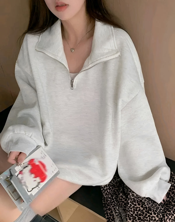 Grey Half-Zip Fleece Sweatshirt Unisex | High Neck Pullover | Oversized