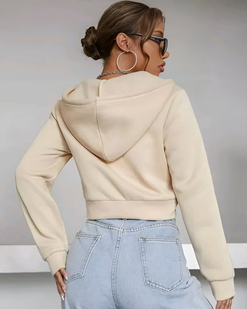 Beige Cropped Hoodie Jacket - Fleece