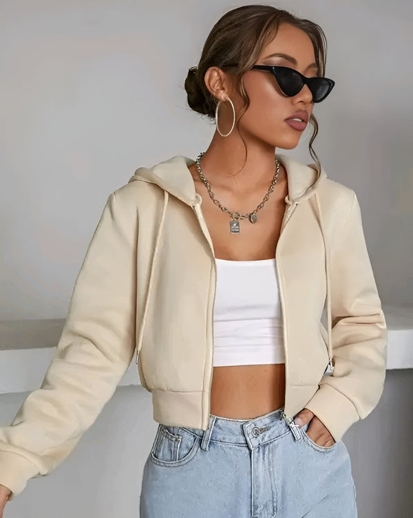 Beige Cropped Hoodie Jacket - Fleece