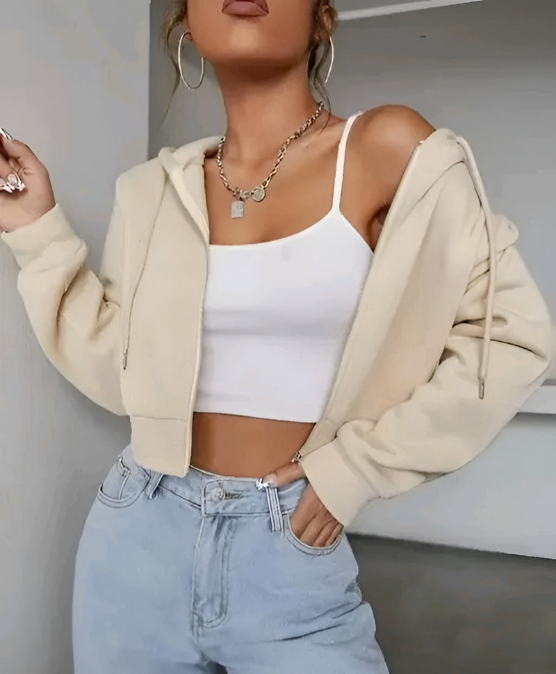 Beige Cropped Hoodie Jacket - Fleece