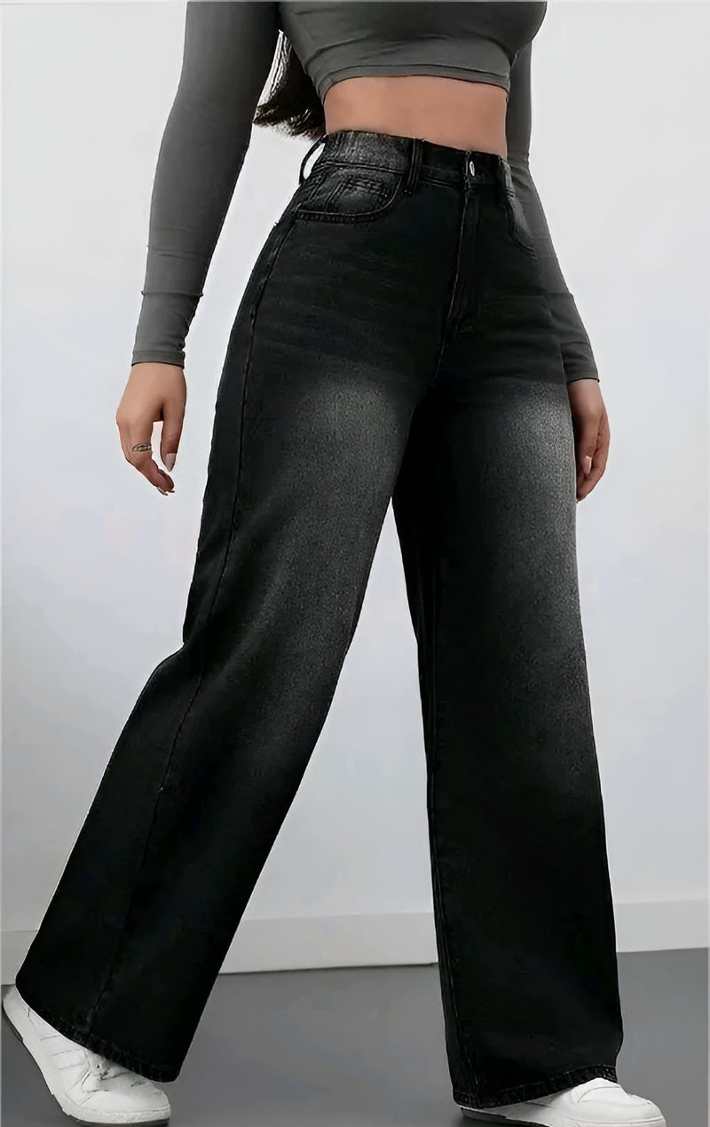 "Whisker Denim Wide Leg Jeans - Blue"