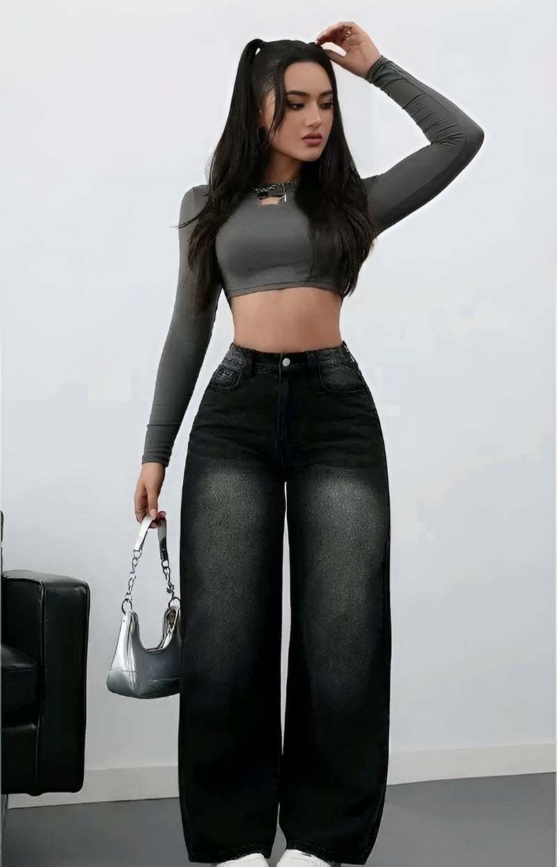 "Whisker Denim Wide Leg Jeans - Blue"