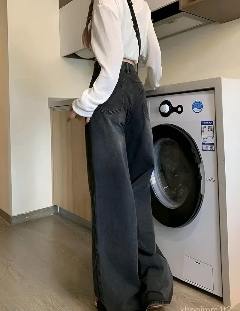 Whisker Wash Wide Leg Jeans - Denim