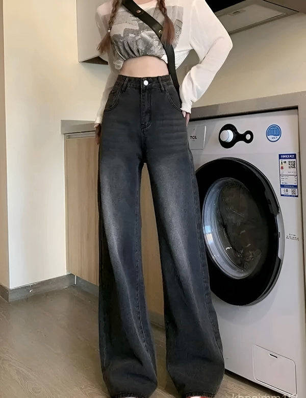 Whisker Wash Wide Leg Jeans - Denim