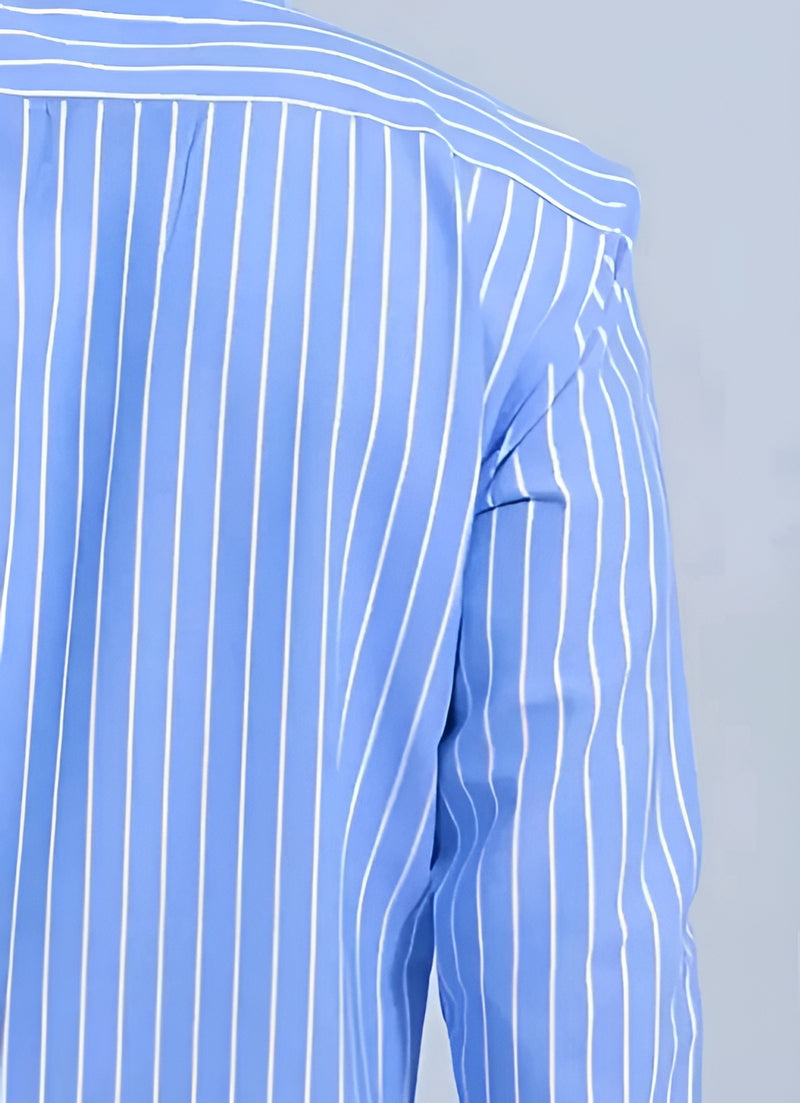 Blue Striped Cotton Blend Shirt - Long Sleeve Spread Collar