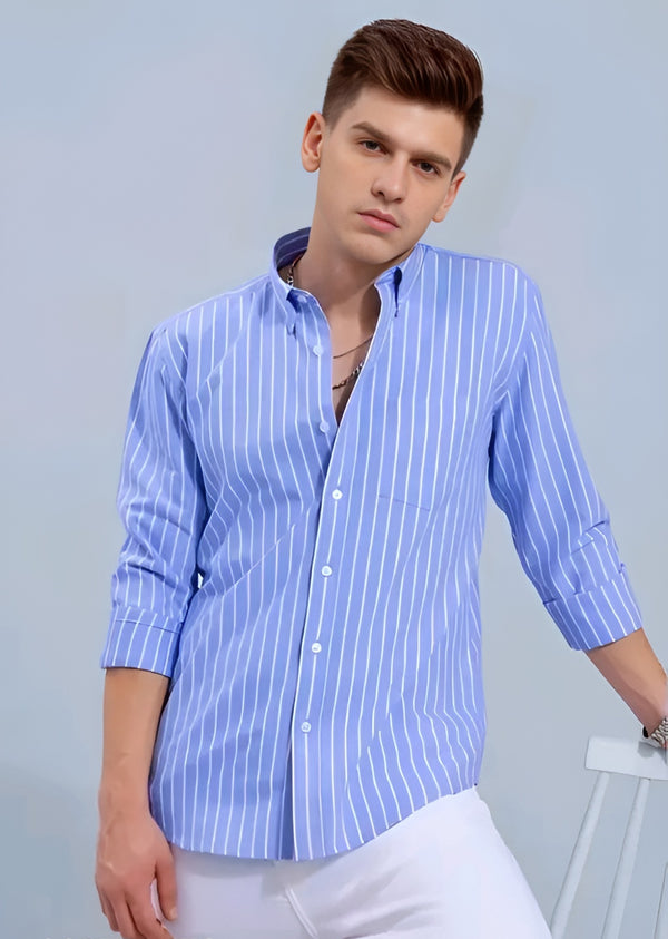 Blue Striped Cotton Blend Shirt - Long Sleeve Spread Collar