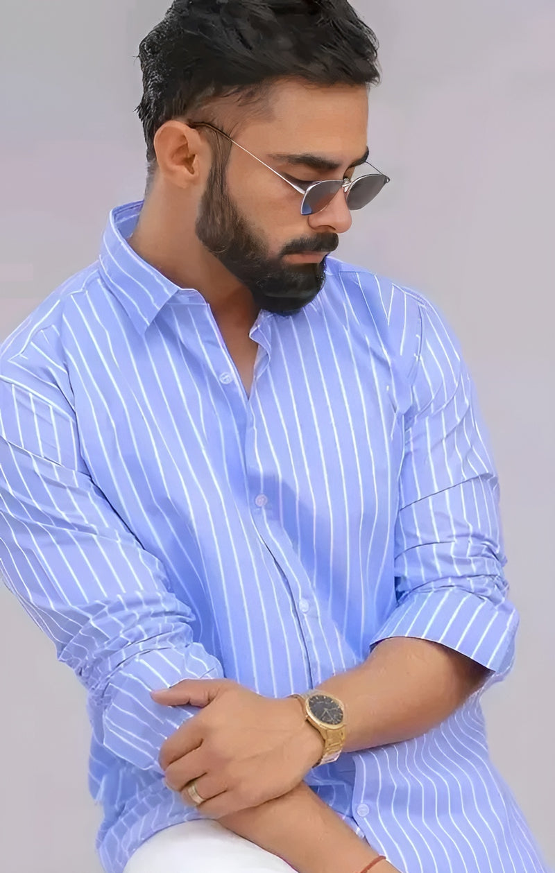 Blue Striped Cotton Blend Shirt - Long Sleeve Spread Collar