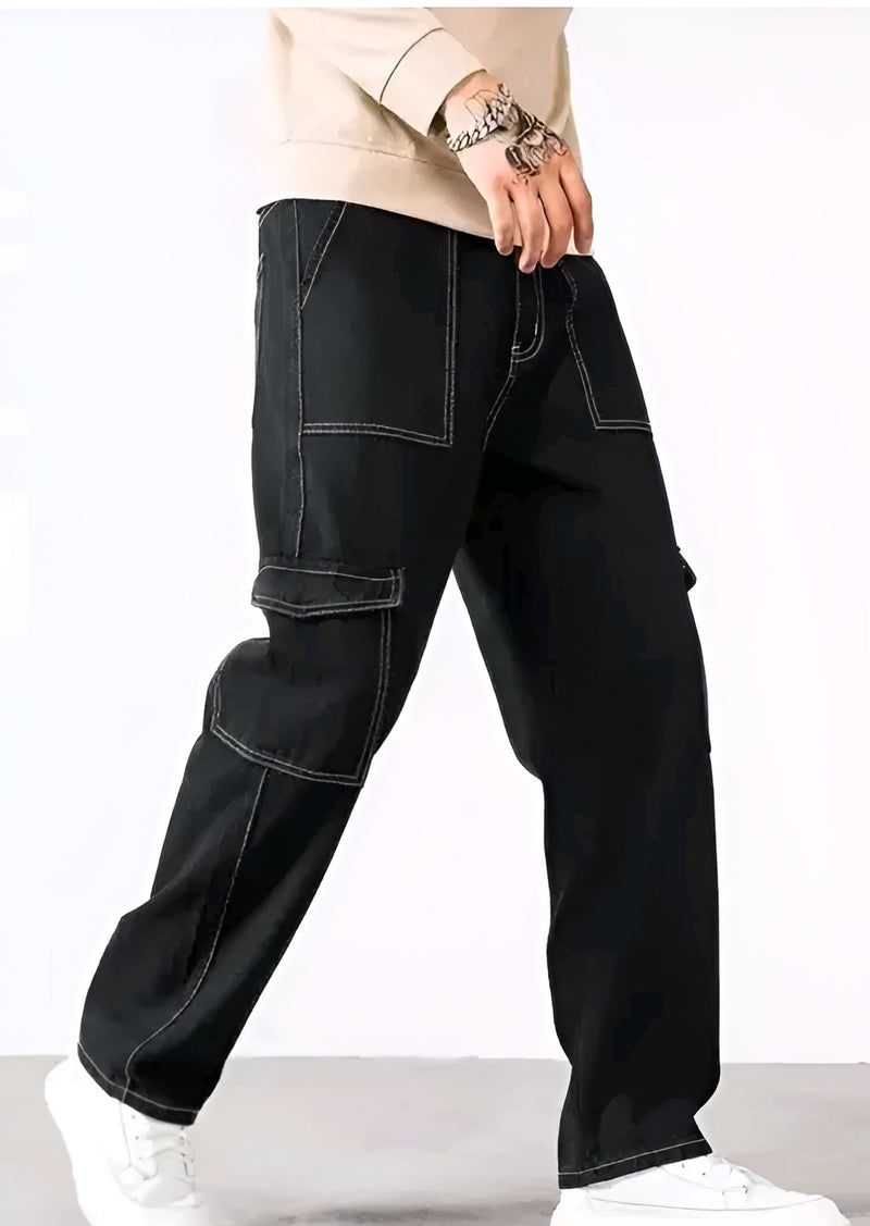 Solid Denim Cargo Jeans - Multi-Pocket Streetwear