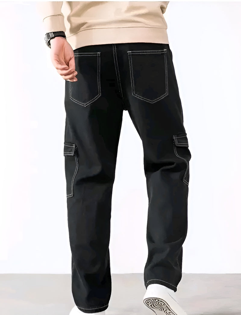 Solid Denim Cargo Jeans - Multi-Pocket Streetwear