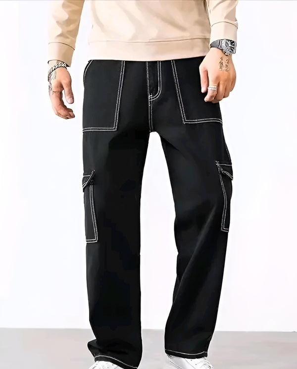 Solid Denim Cargo Jeans - Multi-Pocket Streetwear
