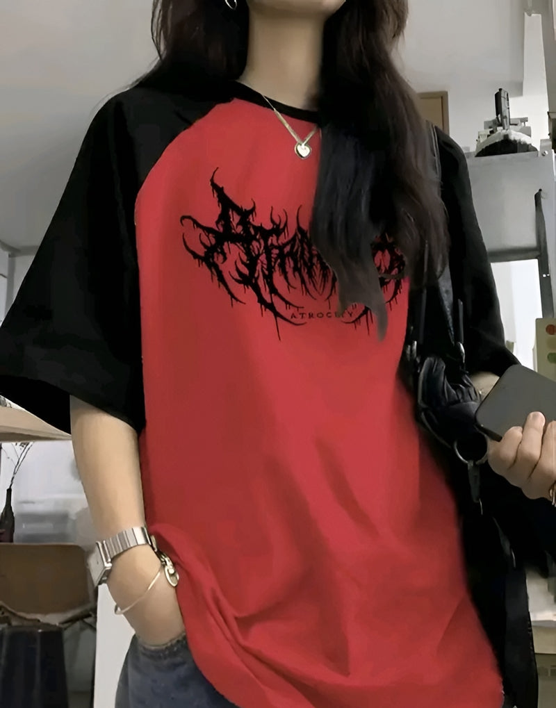 Graphic Raglan Sleeve Tee - Red Oversized