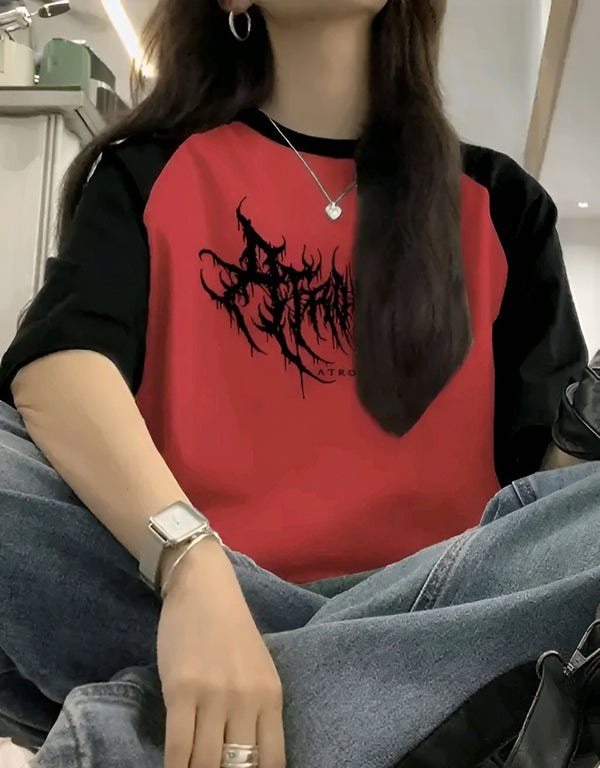 Graphic Raglan Sleeve Tee - Red Oversized