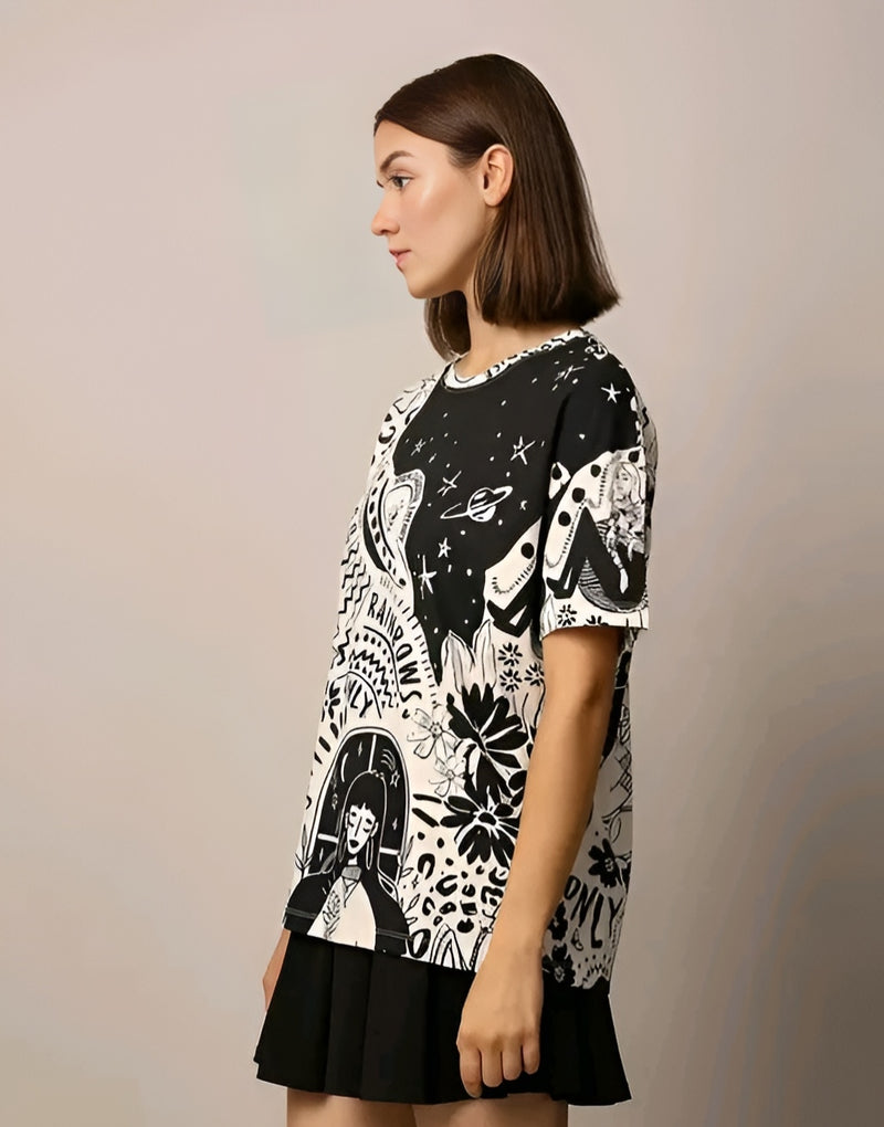 Boho Print Oversized Tee - Drop Shoulder