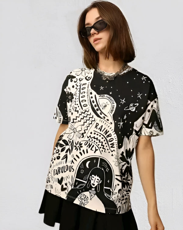 Boho Print Oversized Tee - Drop Shoulder