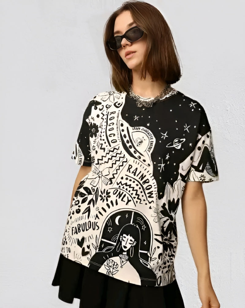 Boho Print Oversized Tee - Drop Shoulder