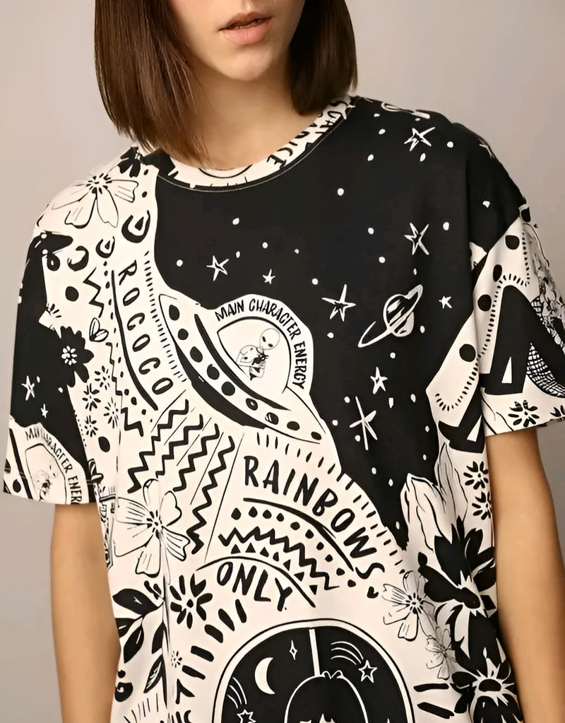 Boho Print Oversized Tee - Drop Shoulder