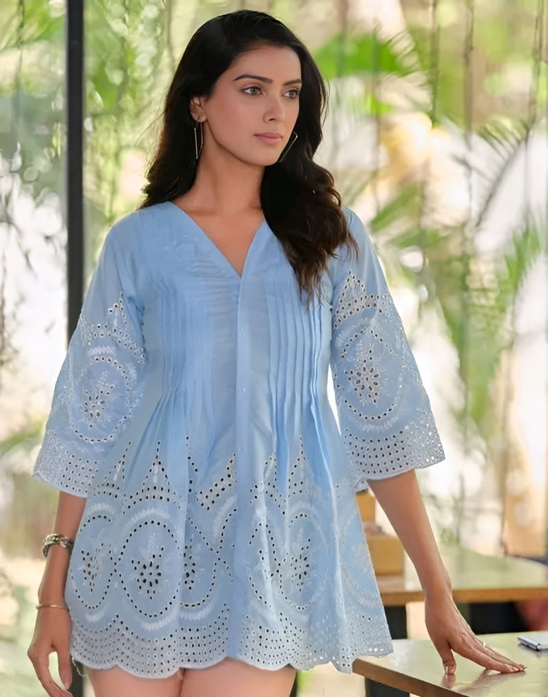 Blue Embroidered Cotton Tunic - Effortless Elegance 💙