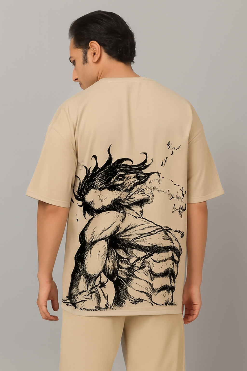 Beige Anime Oversized Tee - Cotton Blend