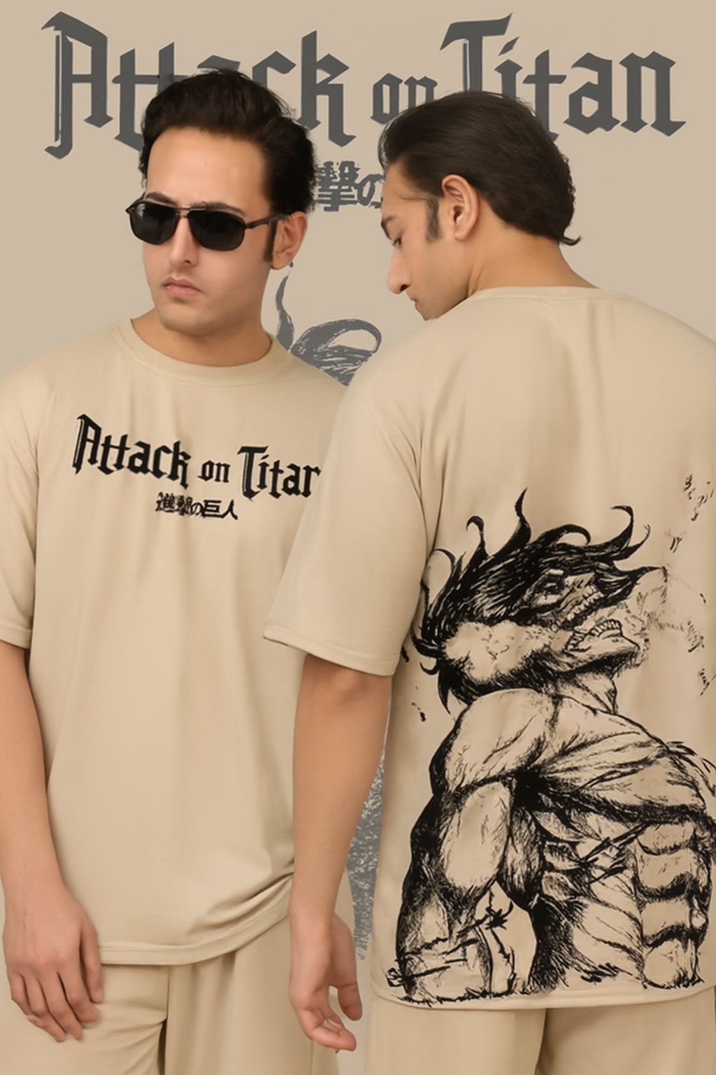 Beige Anime Oversized Tee - Cotton Blend